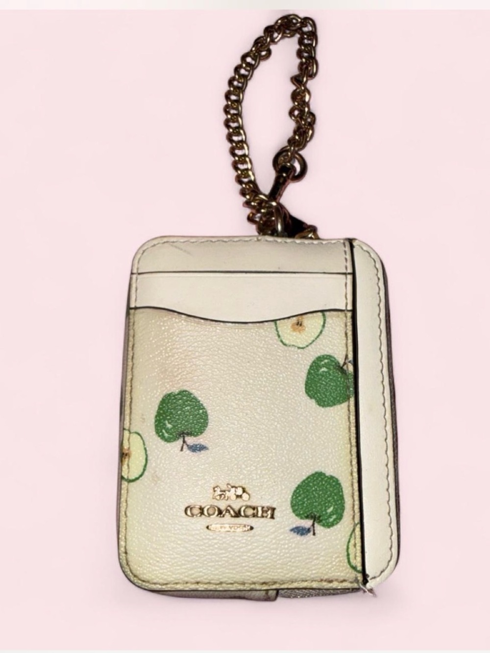 Coach Cream Leather Card Holder with Green Apple Motif and Gold Chain